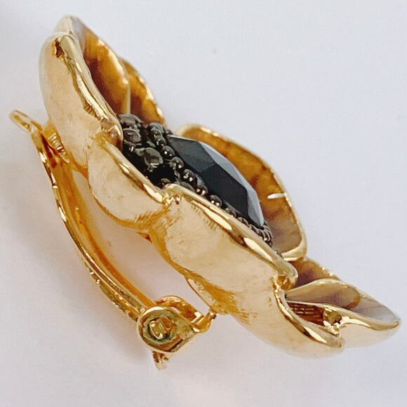 VTG Signed Alana Stewart Gold Tone Enamel Floral Clip On Earrings 1980s Jewelry - Picture 6 of 11